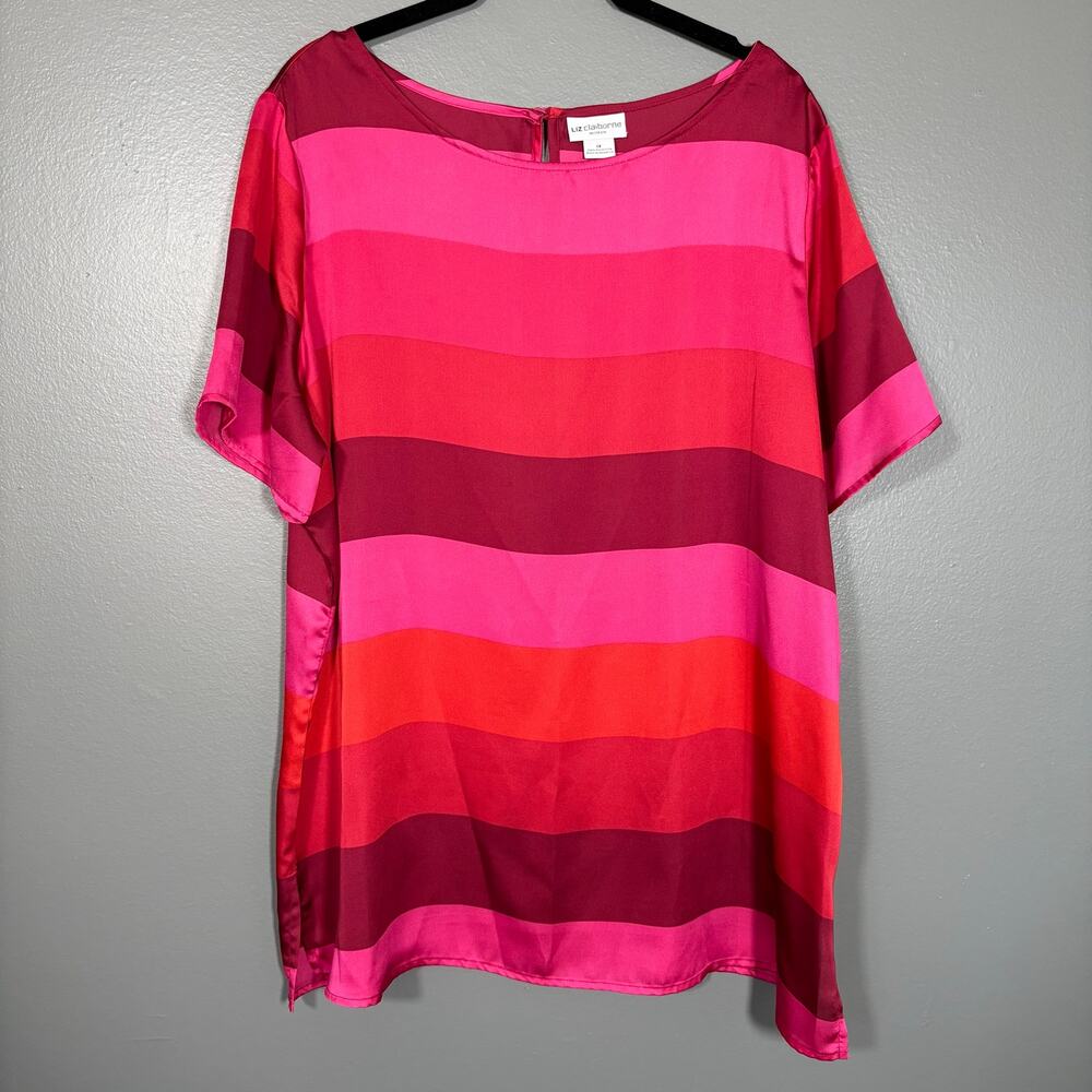 Liz Claiborne Bright Pink Striped Silky Feel Career Top - 1X - Women's Plus Size